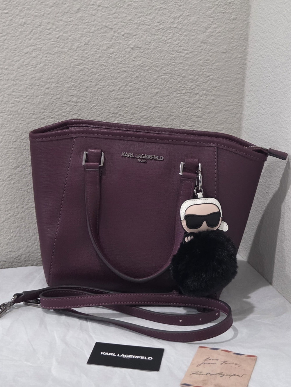 Karl Lagerfeld Satchel Barolo Wine Bag with Karl Pom Charm L6DD6723 NWT